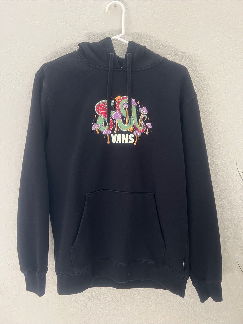 Vans Black Crewneck Hoodie with Colorful Mushroom Graphic